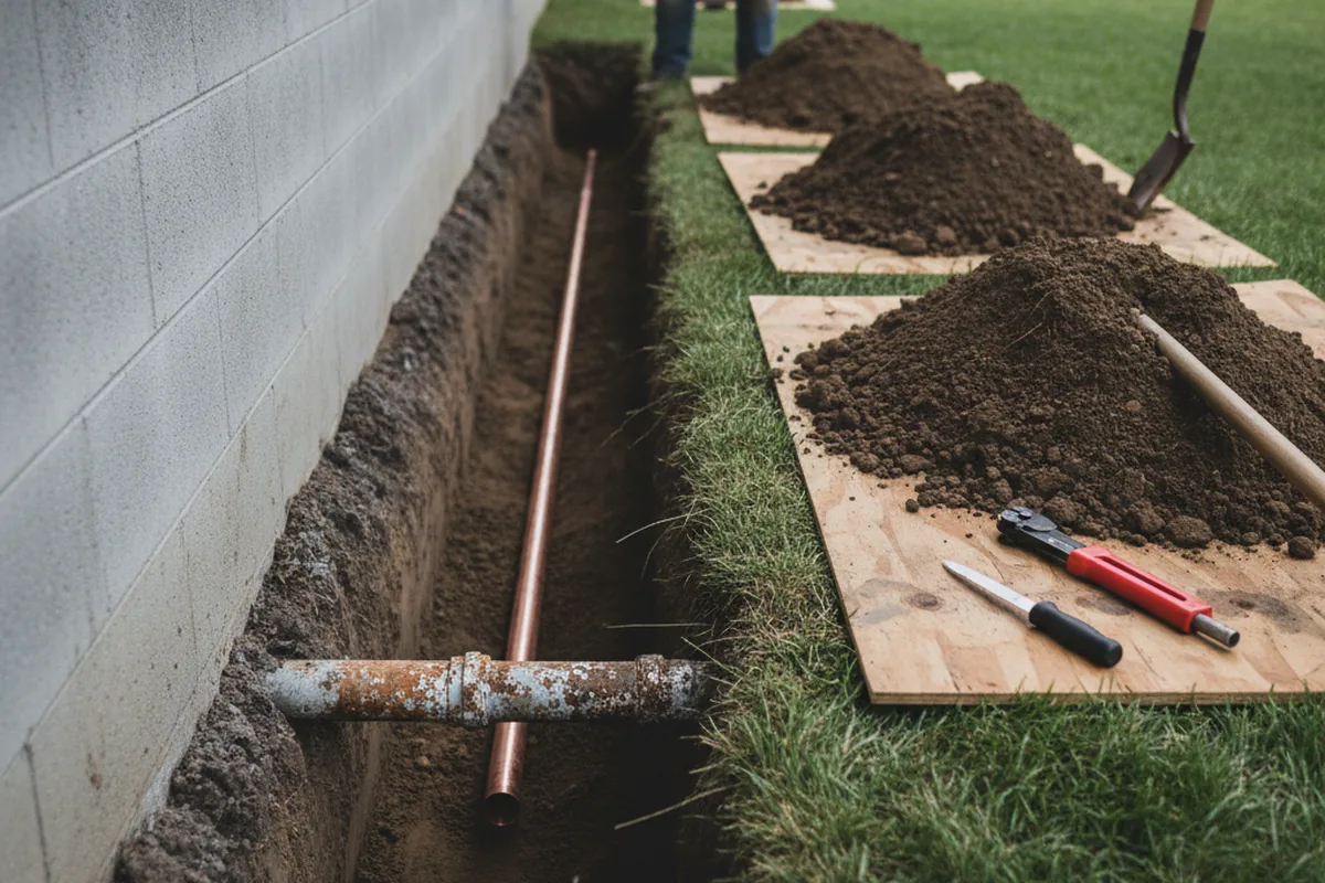 Excavated water line trench during Water Softener Installation in Bixby